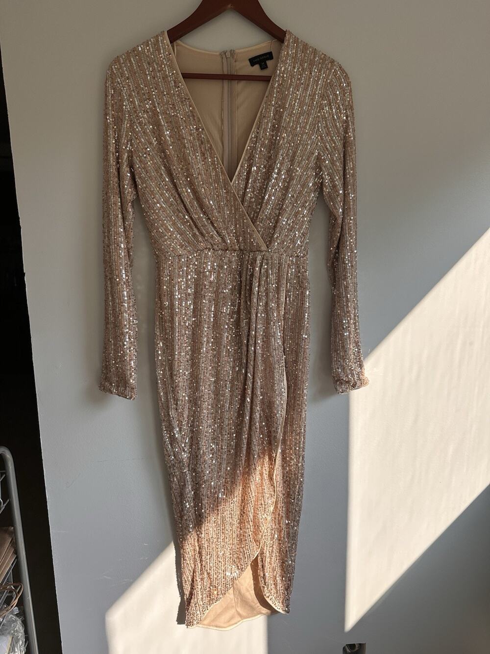Miss Avenue Champagne Sequin Long Sleeve Wrap Mini Dress